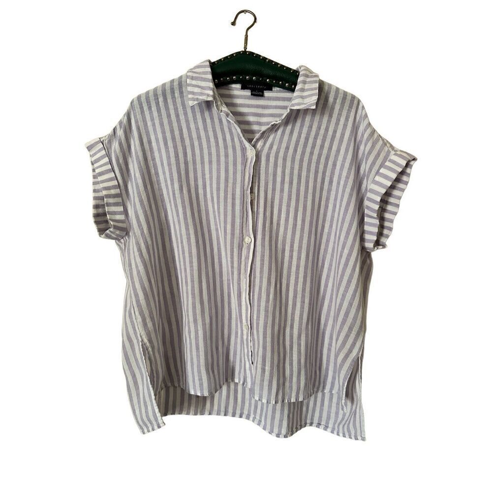 Sanctuary Striped Boxy Top Large Short Sleeve Purple & White Striped Button Up S